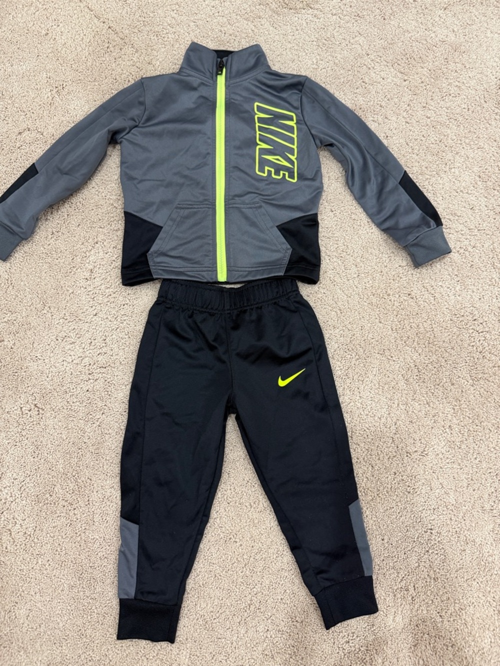 Nike Grey & Black Kids Track Set with Neon Yellow Accents
